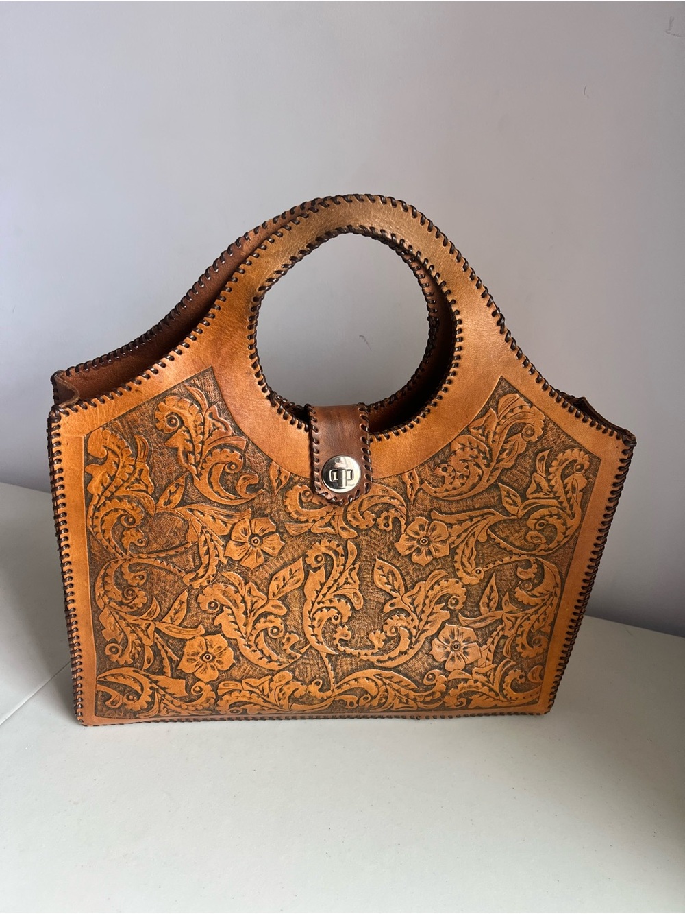 Vintage Hand-Tooled Leather Tote Bag in Tan
